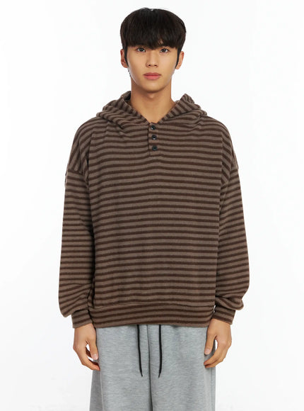 mens-striped-fleece-henley-hoodie-if506 / Brown