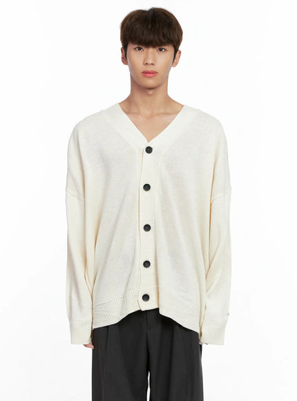 mens-oversized-v-neck-cardigan-io506 / Light beige