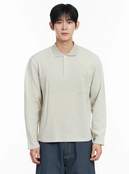 mens-graphic-long-sleeve-polo-shirt-if516 / Light beige
