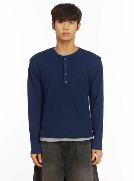mens-layered-waffle-henley-long-sleeve-shirt-ij514 / Dark blue