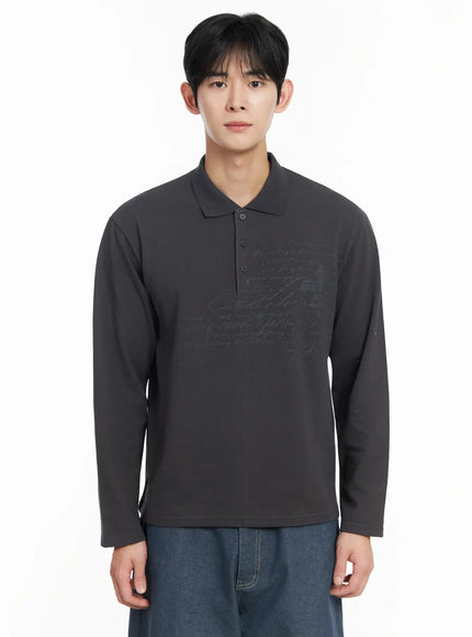 mens-graphic-long-sleeve-polo-shirt-if516 / Dark gray