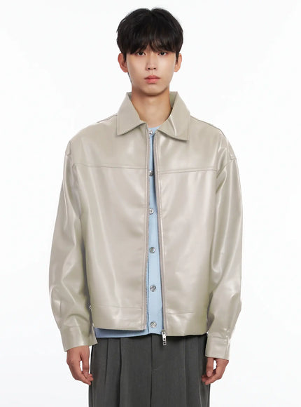 mens-classis-faux-leather-zip-up-jacket-is519 / Light beige
