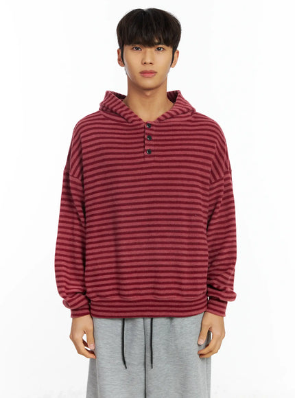 mens-striped-fleece-henley-hoodie-if506 / Red