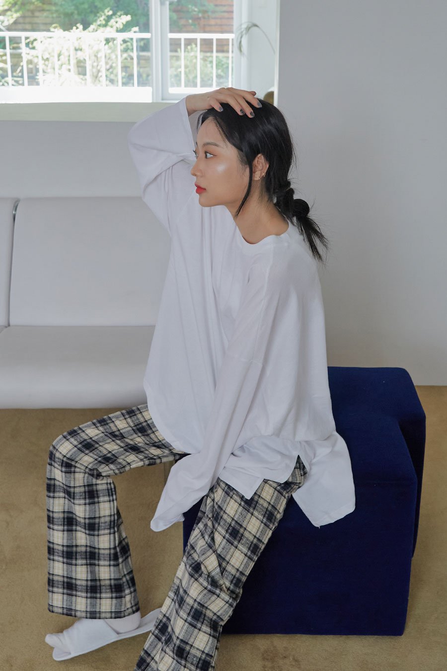 Check Pattern Wide Leg Pants with Elastic Waist Band CM02