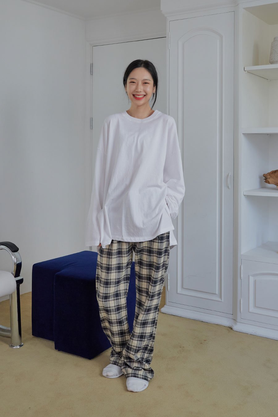 Check Pattern Wide Leg Pants with Elastic Waist Band CM02