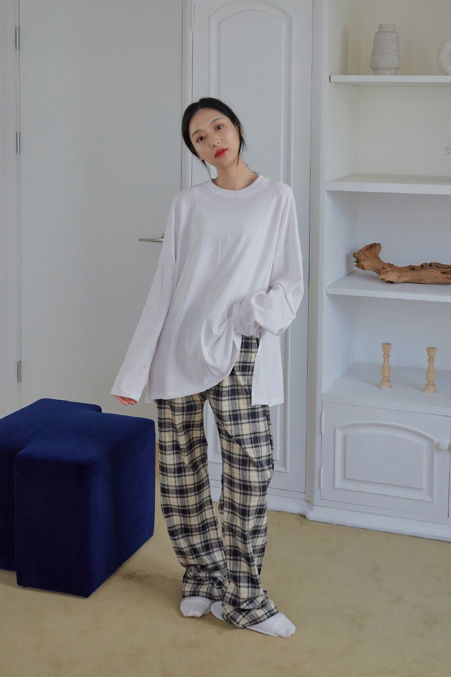 Check Pattern Wide Leg Pants with Elastic Waist Band CM02