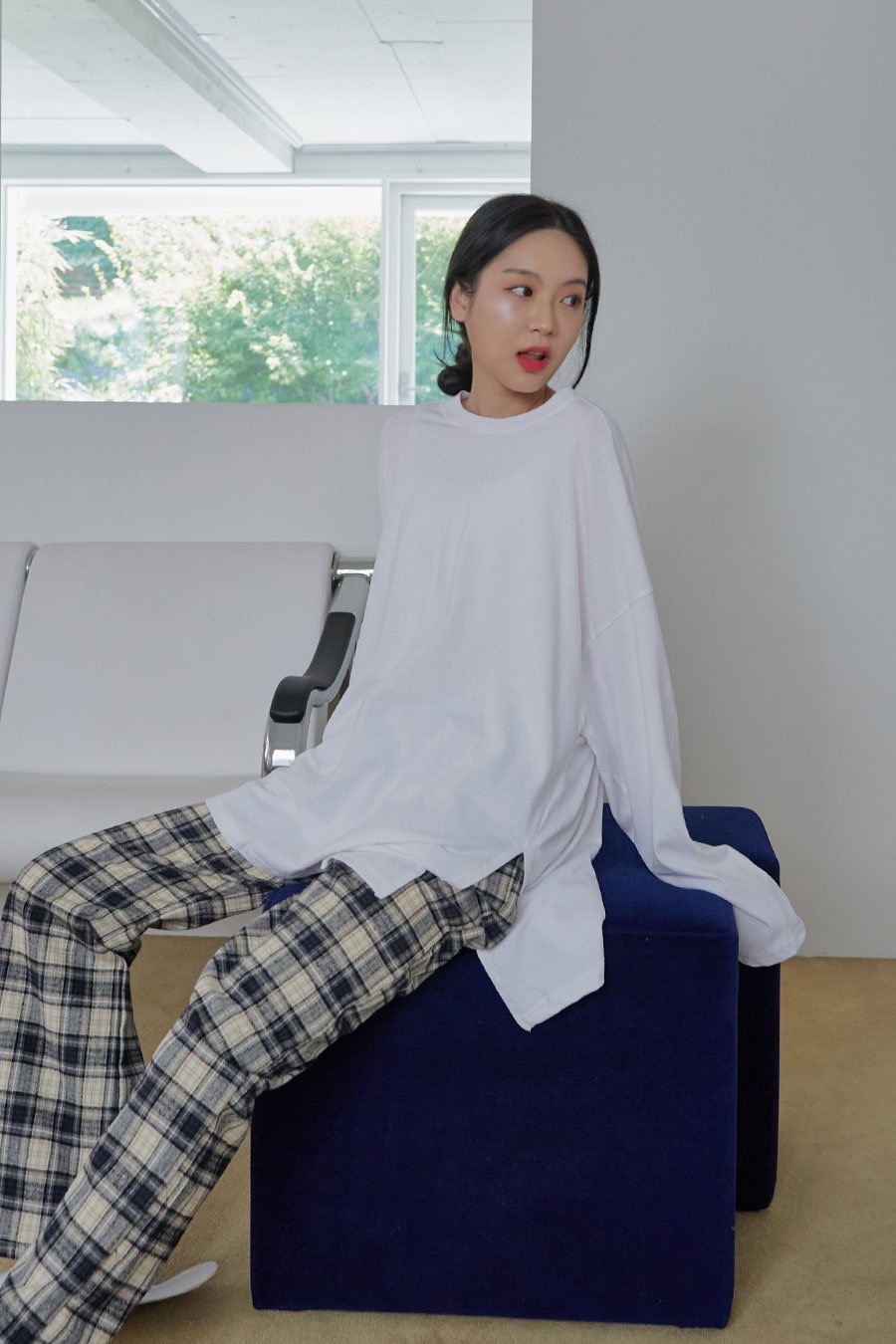 Check Pattern Wide Leg Pants with Elastic Waist Band CM02