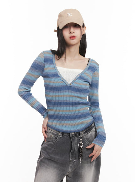 Stripe Buttoned Layered Top CM518