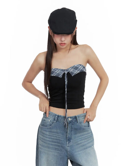 contrast-plaid-tie-tube-top-cl508
