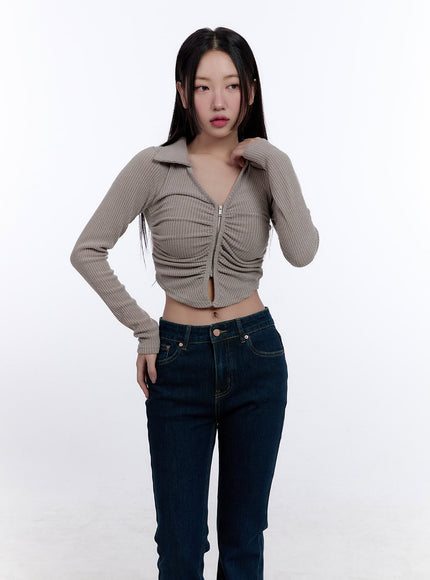 Shirred Zip-Up Long-Sleeve Collared Top CJ509