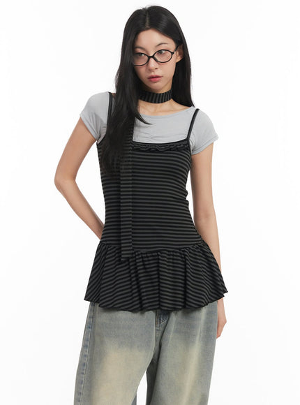 Frilled Stripe Sleeveless Dress & Scarf Set CM504