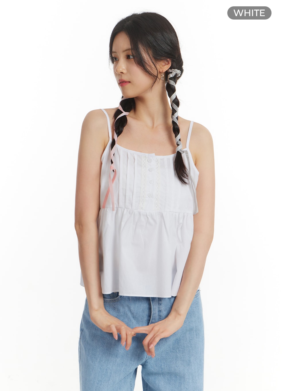 solid-ruffle-hem-button-up-cami-top-om406