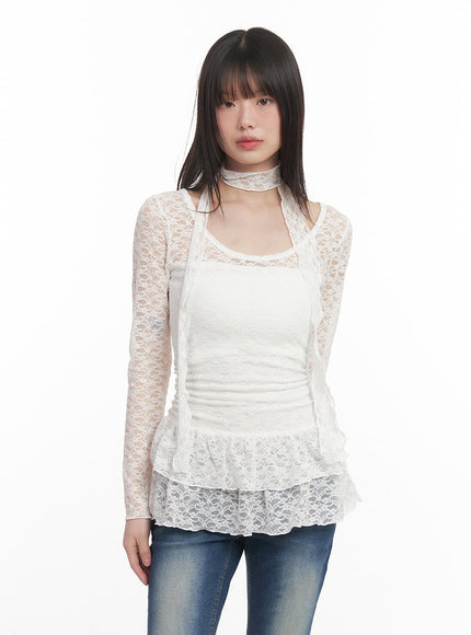 Lace Frill Slim-Fit Long Sleeve Top & Scarf Set CM519