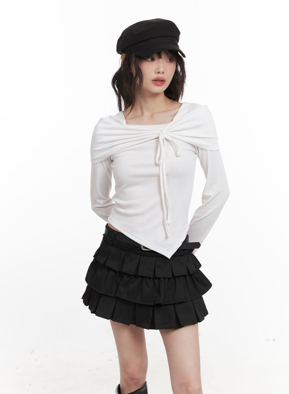 Ribbon Wrapped Asymmetric Long-Sleeve Top CJ523