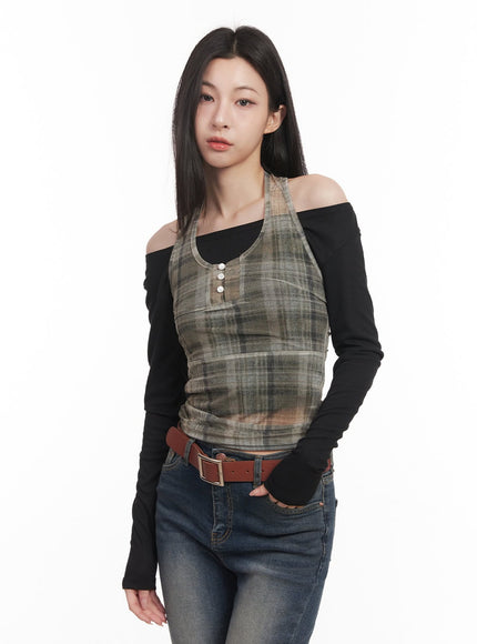 plaid-sheer-halter-top-cm517