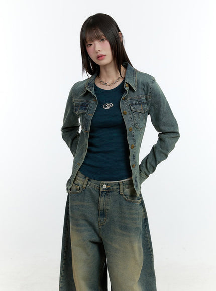 Slim-Fit Denim Buttoned Crop Jacket CF506