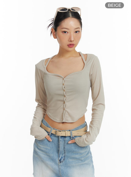 sweetheart-button-up-crop-top-cf419 / Beige