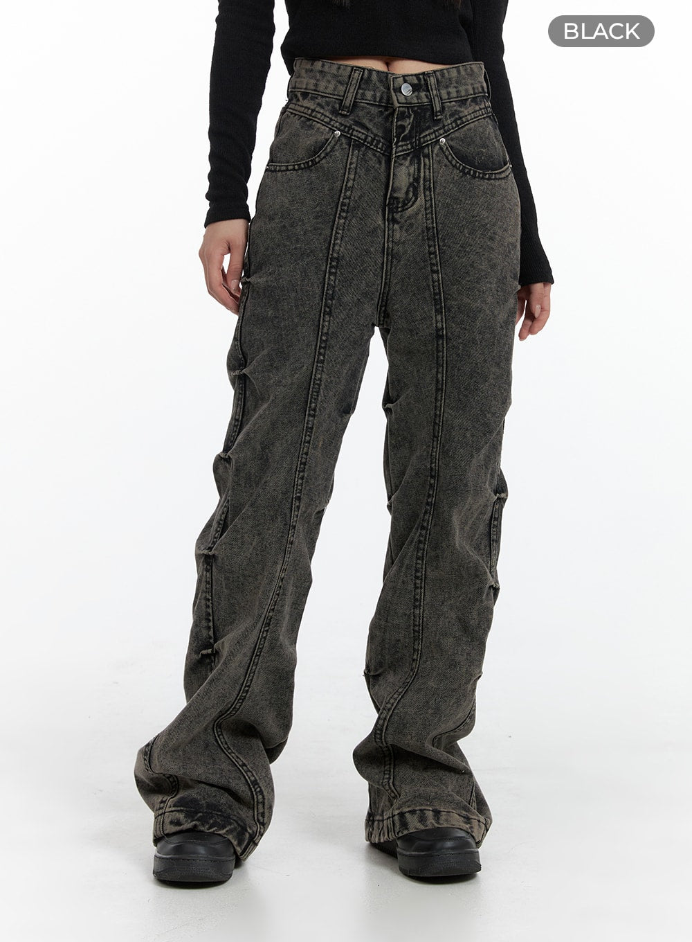 side-pintuck-washed-bootcut-jeans-cf429 / Black