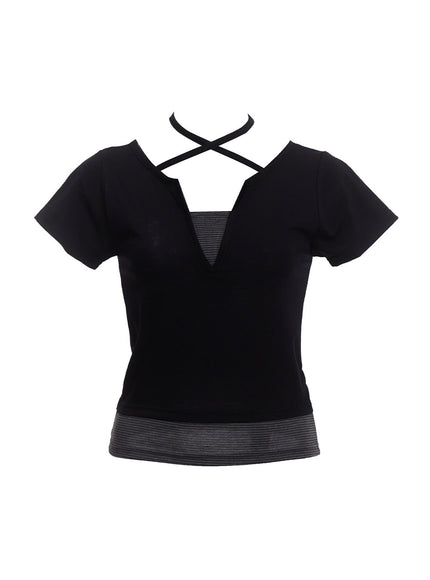 strappy-slit-layered-top-cu520 / Black