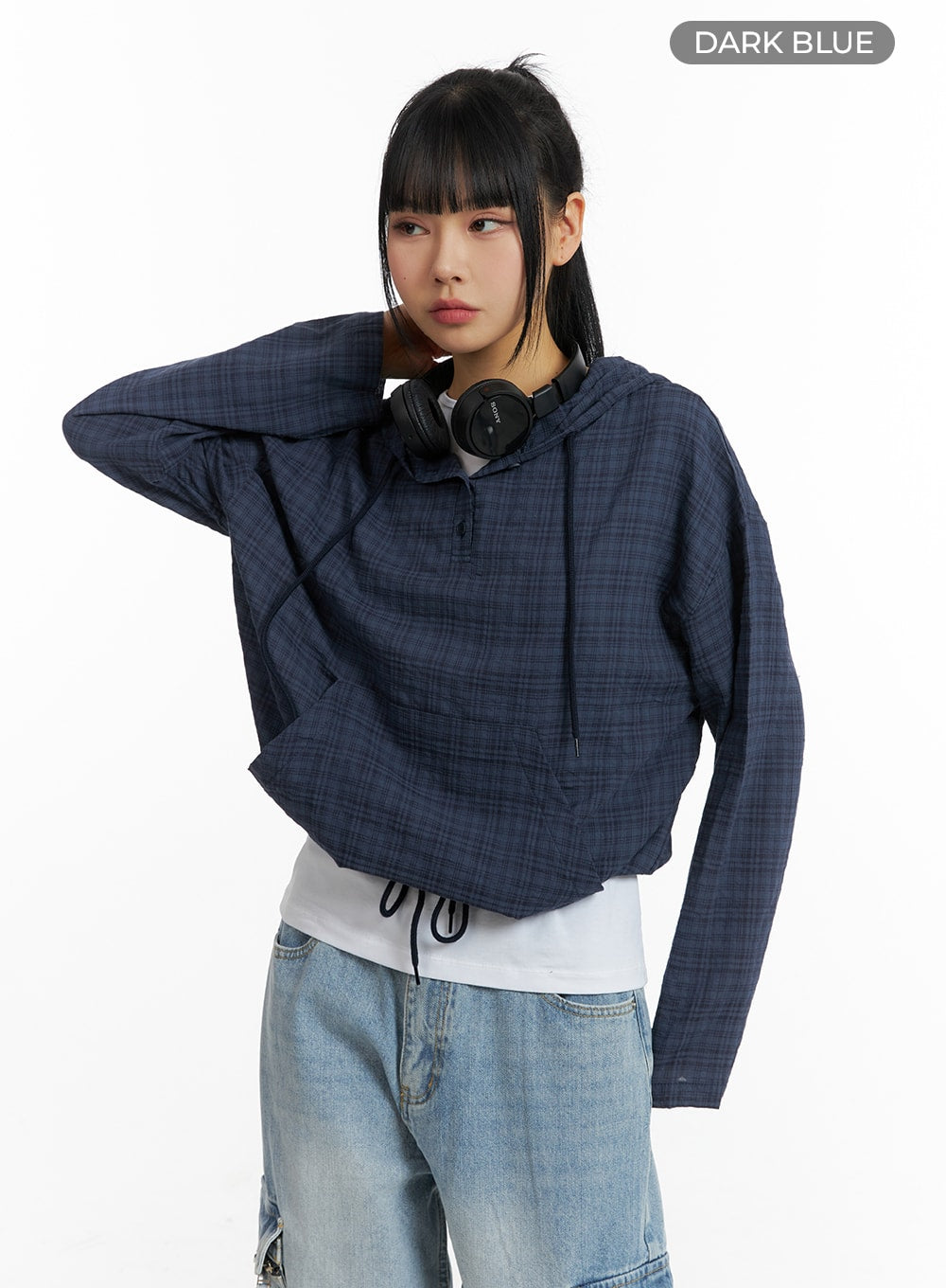 plaid-pocket-hoodie-cm407 / Dark blue