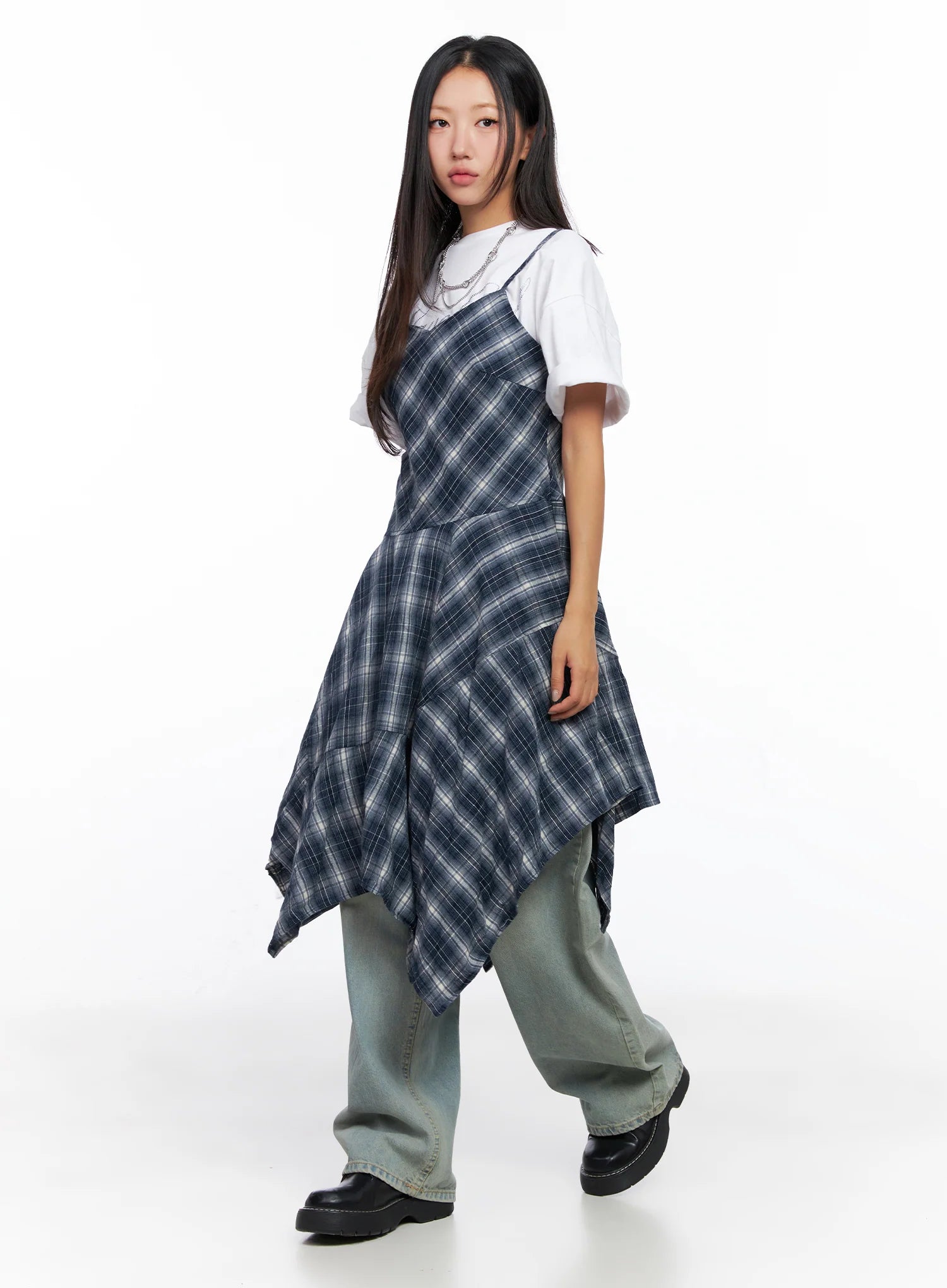 asymmetrical-plaid-maxi-dress-co515 / Dark blue