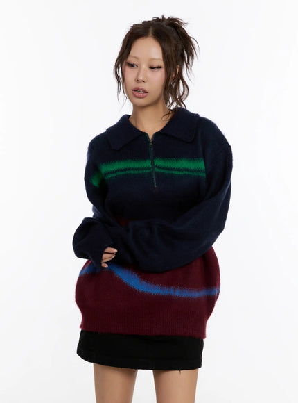 oversized-multi-color-half-zip-knit-sweater-cn527 / Dark blue