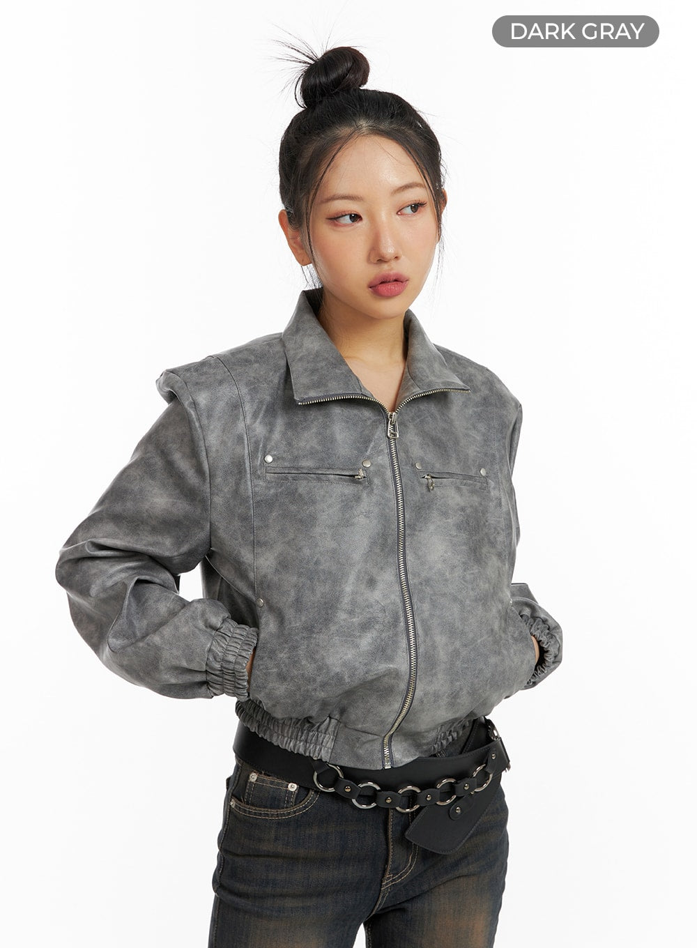 faux-leather-patchy-jacket-cf416 / Dark gray
