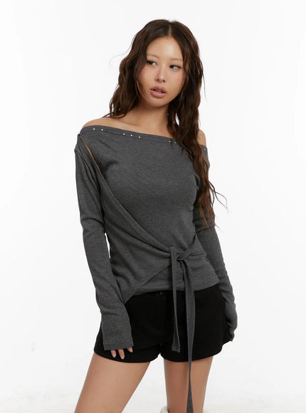 studded-off-shoulder-wrap-tie-long-sleeve-top-cd515 / Dark gray