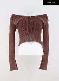ribbed-off-shoulder-zip-up-sweater-cs326 / Dark red