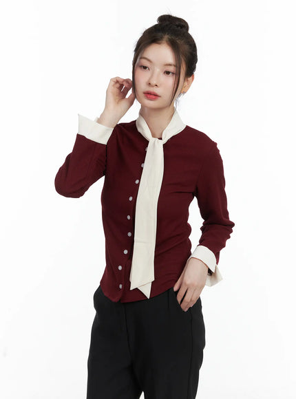slim-fit-long-sleeve-scarf-blouse-cn519 / Dark red