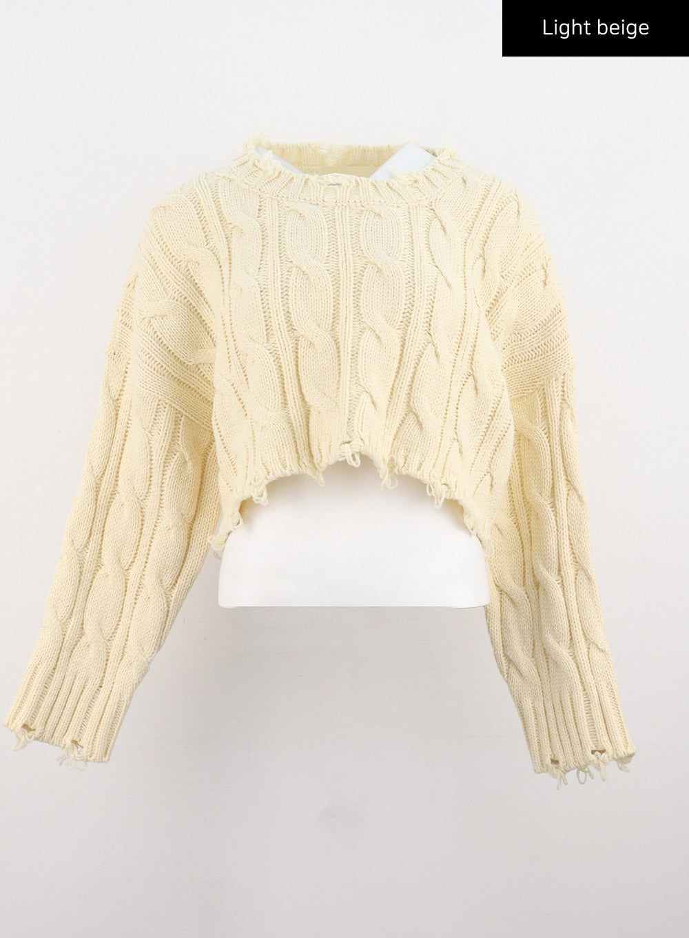 distressed-cable-knit-crop-sweater-co313 / Light beige