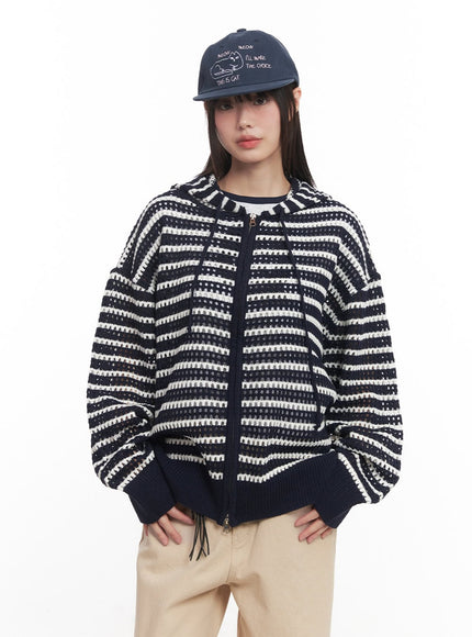 Striped Zip-Up Oversized Hooded Sweater CM520
