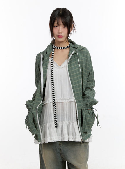 Ribbon Pocket Checkered Hooded Jacket CA508