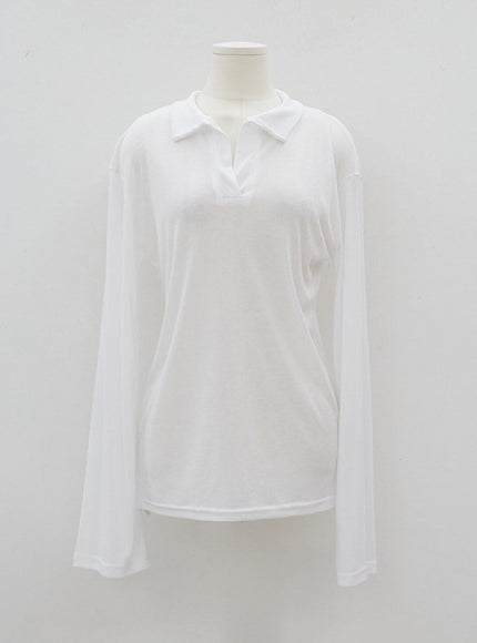 Soft Collar Sheer Long Sleeve Top IJ13