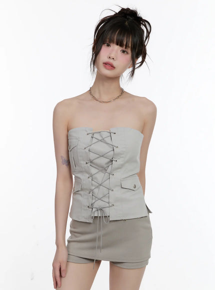 lace-up-strapless-corset-top-cl507 / Light gray