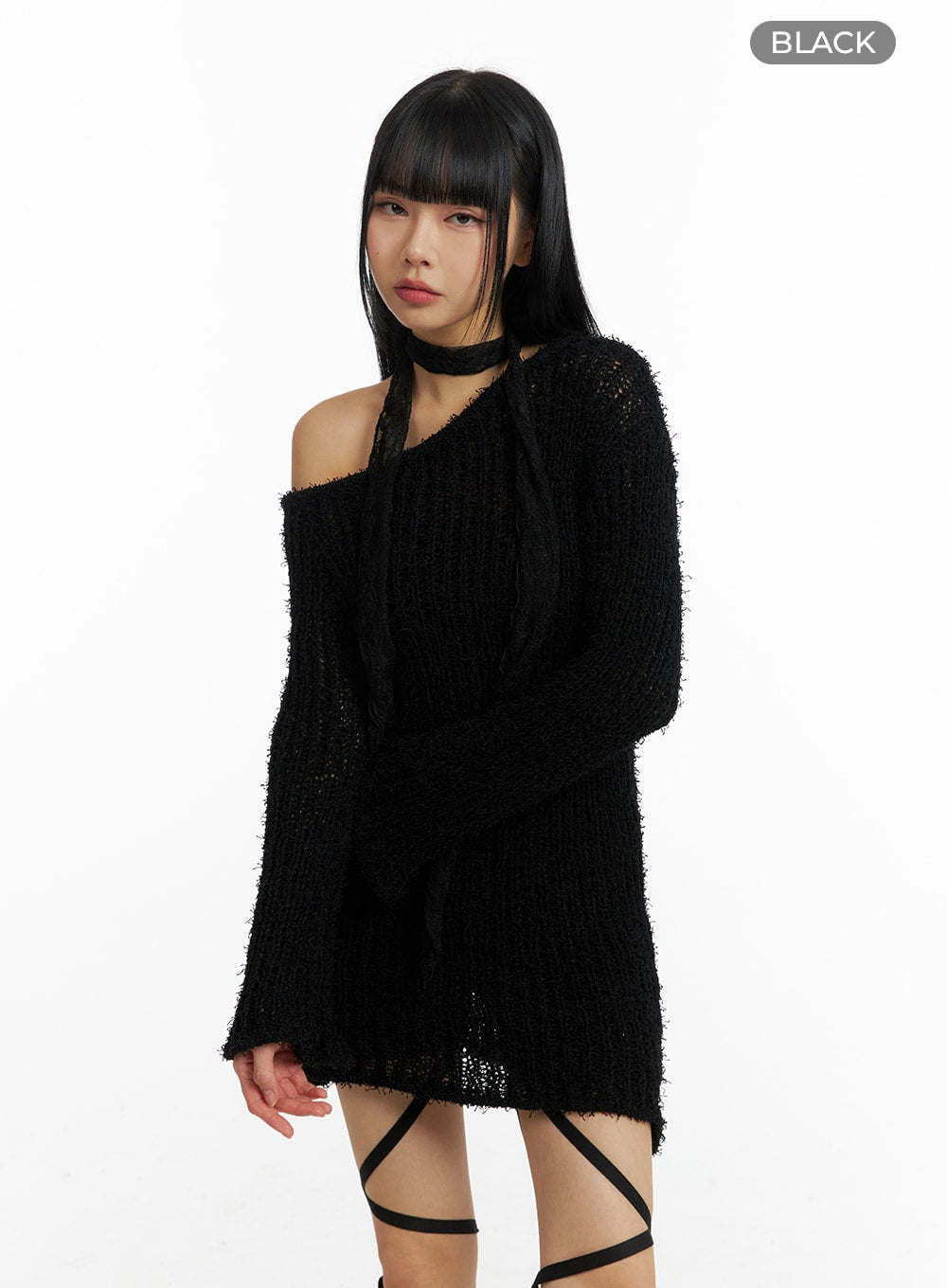 Fuzzy Knit Asymmetrical Shoulder Mini Dress CM406