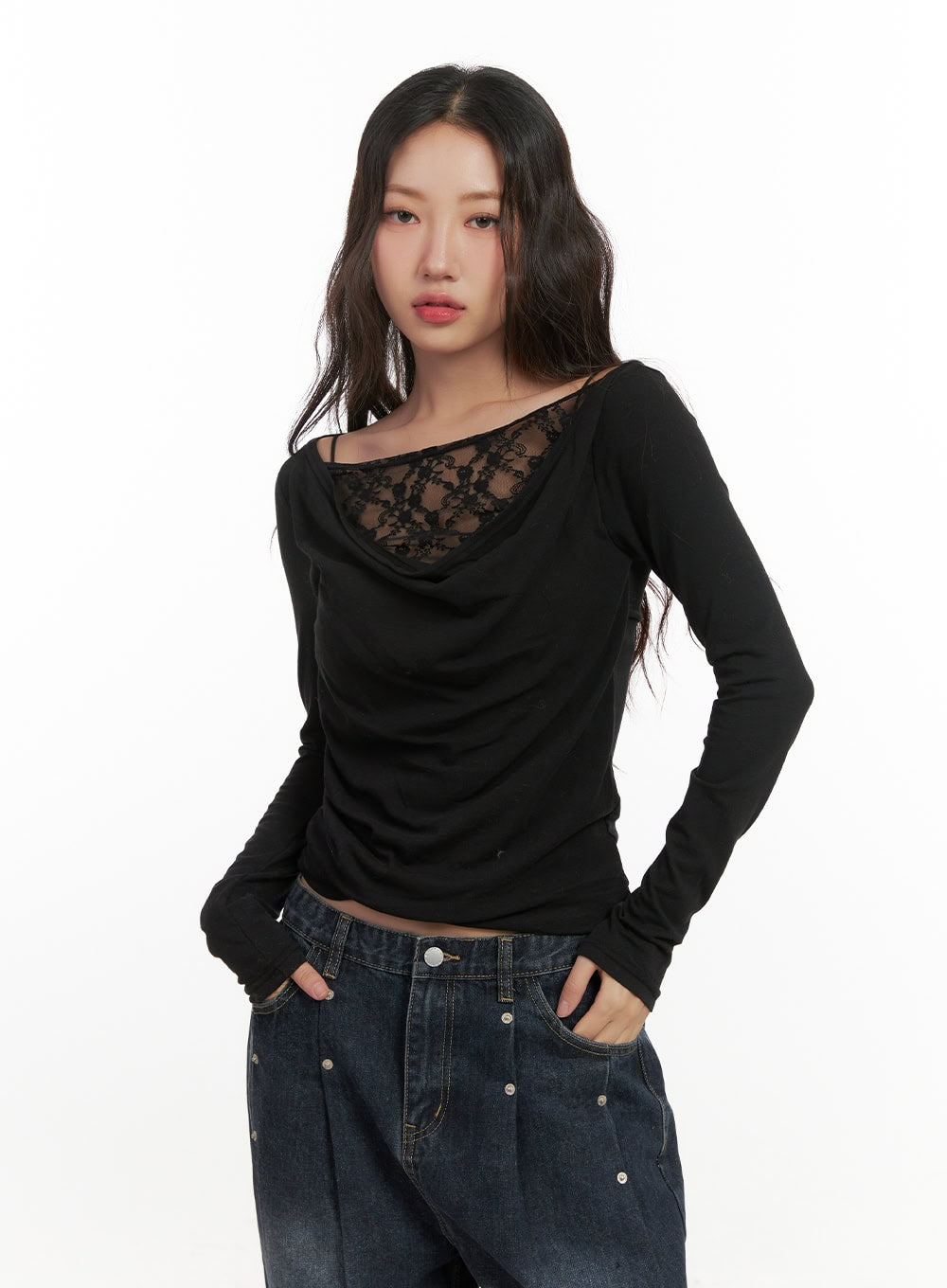 lace-detail-cowl-neck-top-cn426 / Black