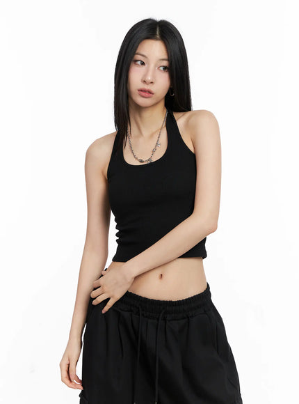 ribbed-halter-crop-tank-top-cc1109 / Black