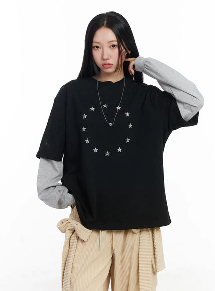 Oversized Star Print Layered Long Sleeve Tee CJ514