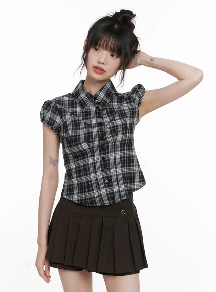 plaid-puff-sleeve-top-cg519 / Black