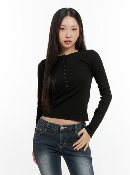 solid-buttoned-long-sleeve-top-cn404 / Black