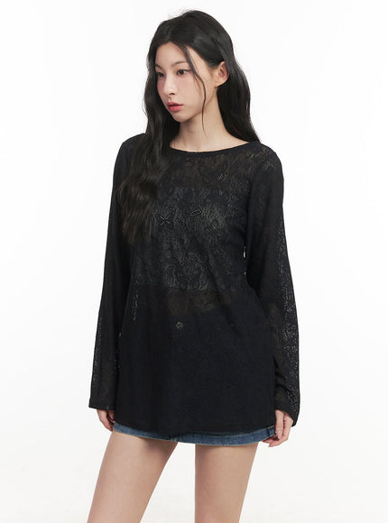 Butterfly Lace Sheer Long-Sleeve Top CF513