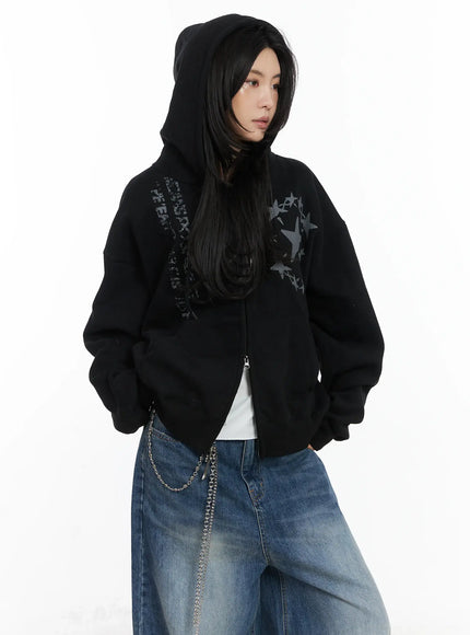 star-print-cozy-zip-up-hoodie-cn528 / Black