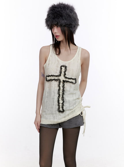 Shirred Lace-Trim Cross Tank Top CF512