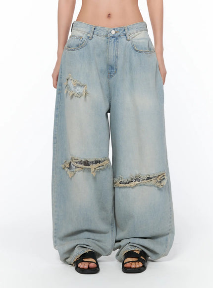 Ramona Distressed Lace Detail Wide Leg Jeans CA515