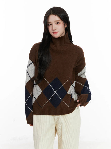 Argyle Turtleneck Knit Sweater CN526