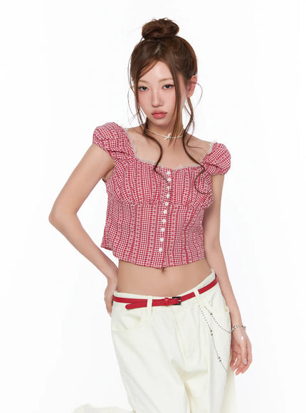 frill-trimmed-gingham-short-sleeve-blouse-ca514