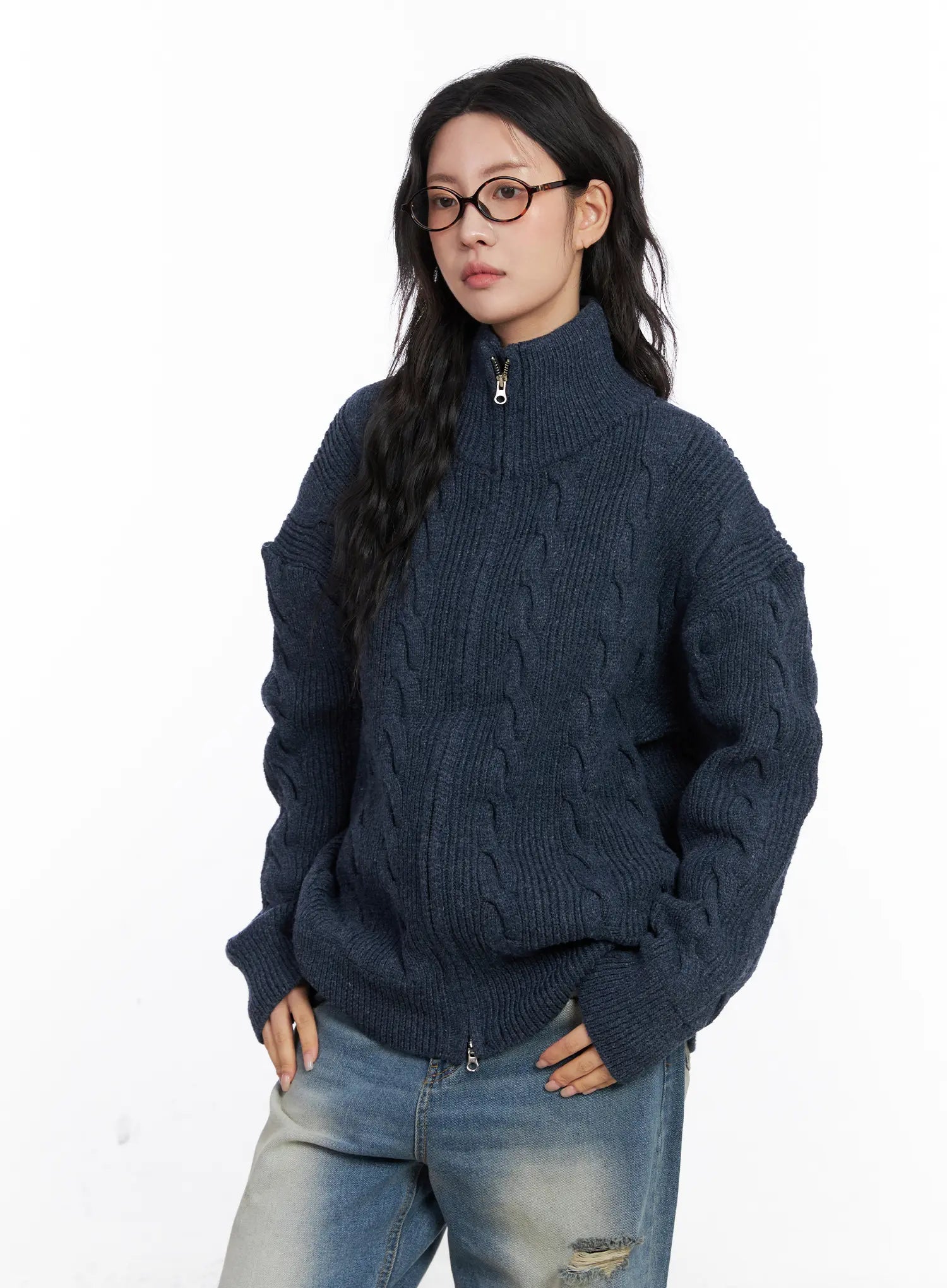 oversized-cable-knit-zip-up-sweater-co508 / Dark blue