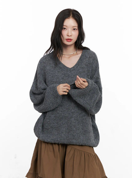 oversized-v-neck-knit-sweater-co530 / Dark gray
