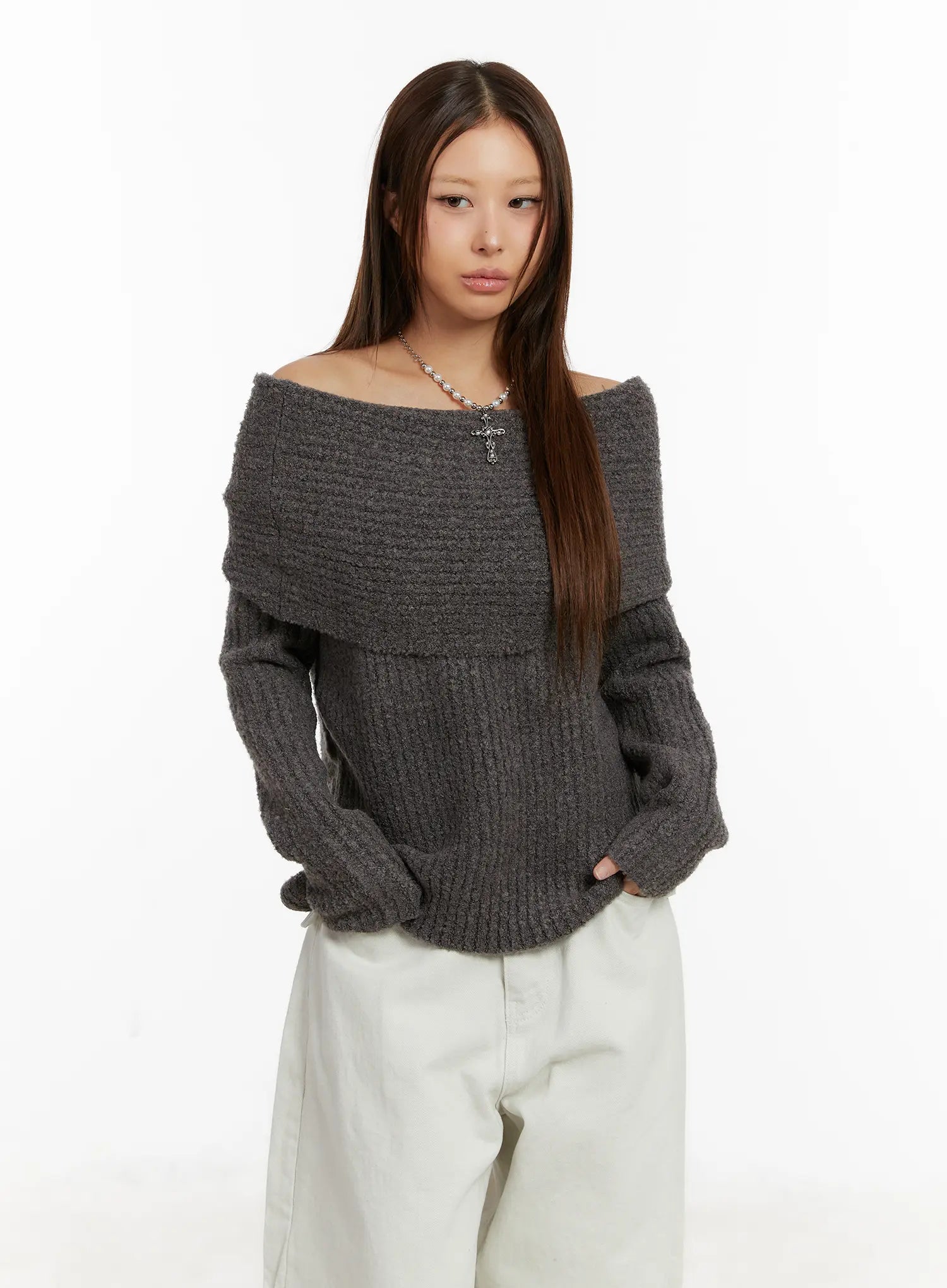 off-shoulder-buttery-knit-sweater-cd517 / Dark gray